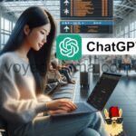 A realistic image of a traveler sitting at an airport terminal, using a laptop. The traveler, a young Asian woman, is focused on her laptop screen