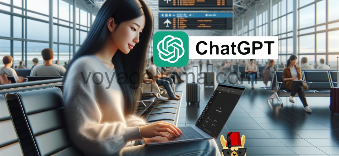A realistic image of a traveler sitting at an airport terminal, using a laptop. The traveler, a young Asian woman, is focused on her laptop screen