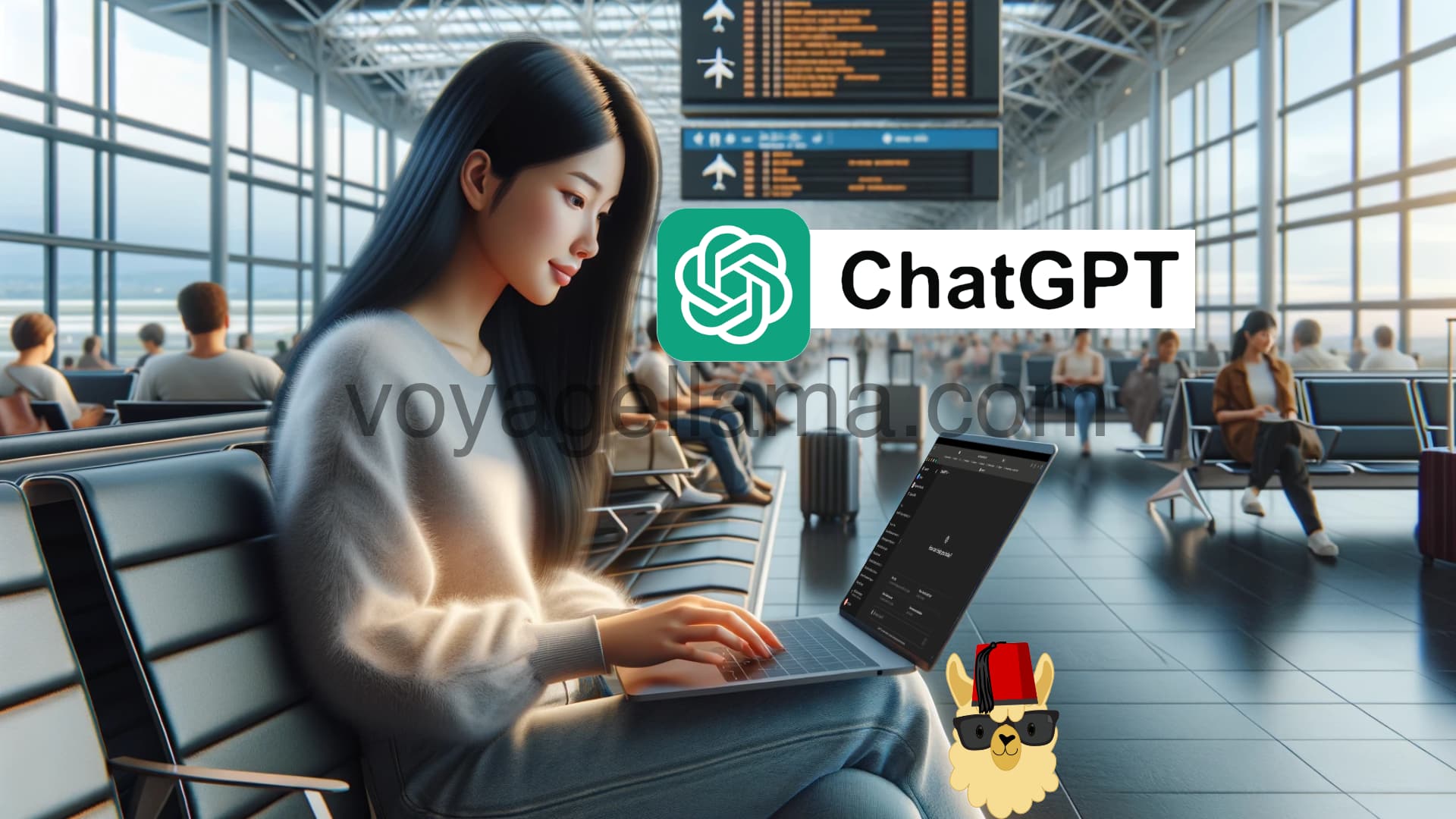 A realistic image of a traveler sitting at an airport terminal, using a laptop. The traveler, a young Asian woman, is focused on her laptop screen